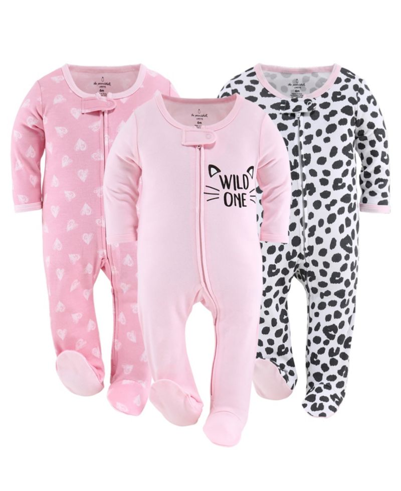 Baby Girls Sleep n Play Footed Pajamas Sleepwear Set, 0-3 Months, Pink, 3-Pack