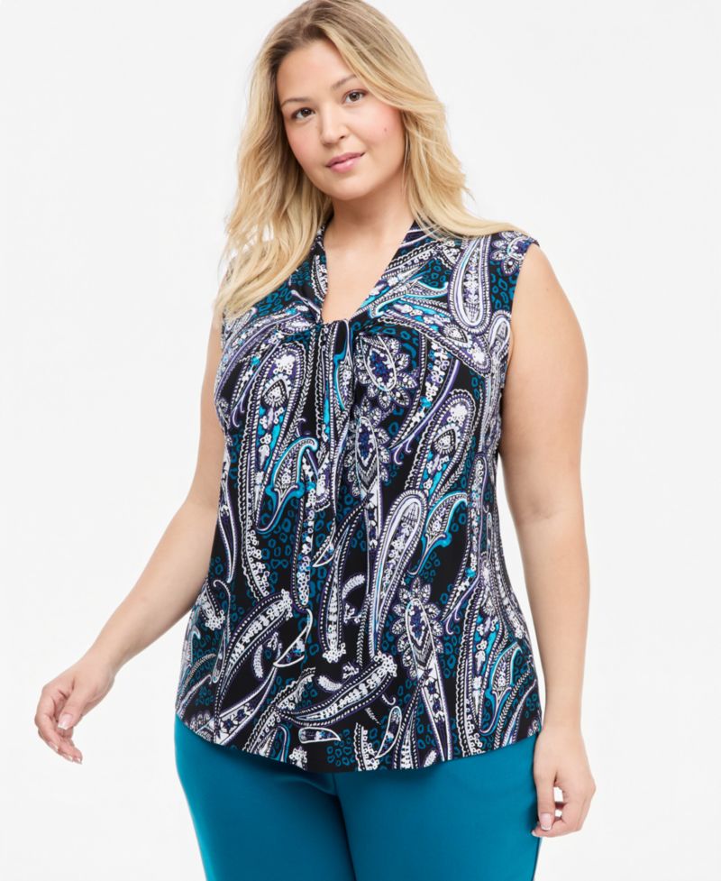 Plus Size Knot Front Sleeveless V-Neck Paisley Blouse
