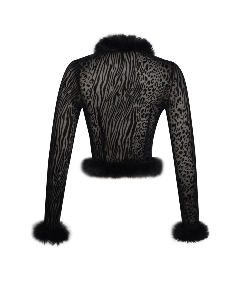 Women's Hali Black Animal Print Burnout Velvet Fur Trim Top