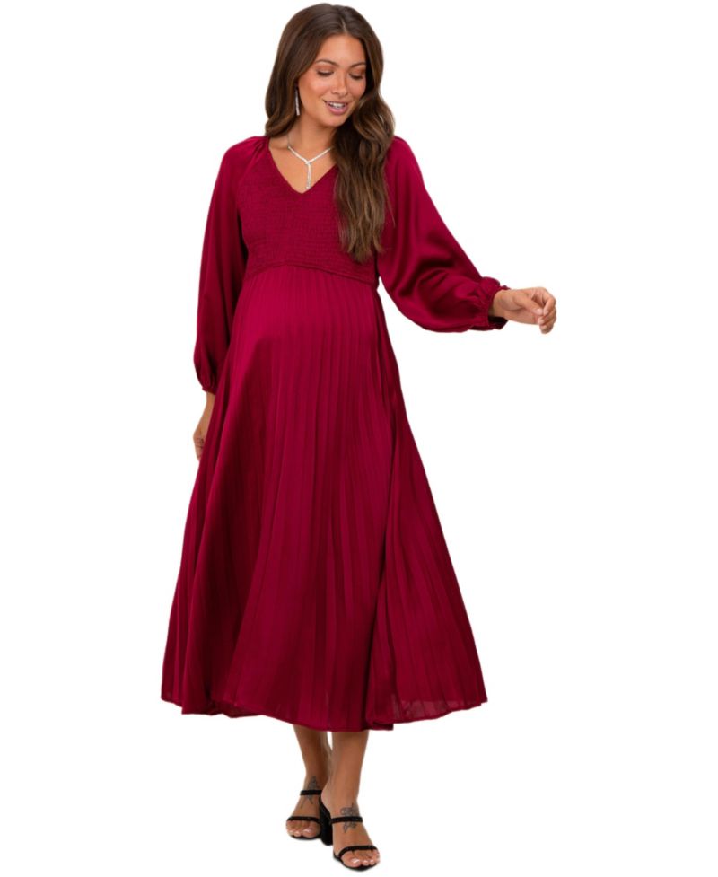 Women's Burgundy Satin Smocked Pleated Midi Dress