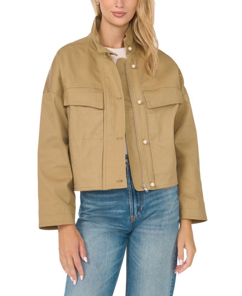 Women's Cargo Style Short Long-Sleeve Jacket with Imitation Pearl Details