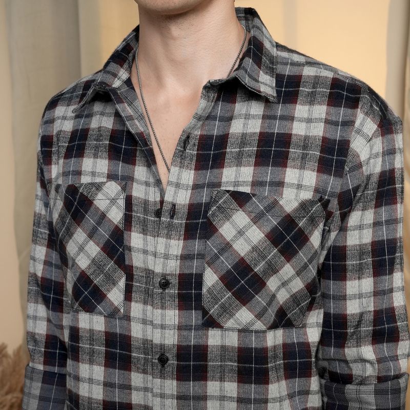 Men's Navy Blue & Cloud Grey Tartan Plaid Shirt