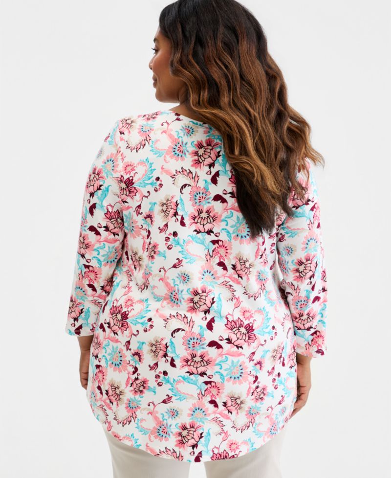 Petite Printed Scoop-Neck 3/4-Sleeve Top