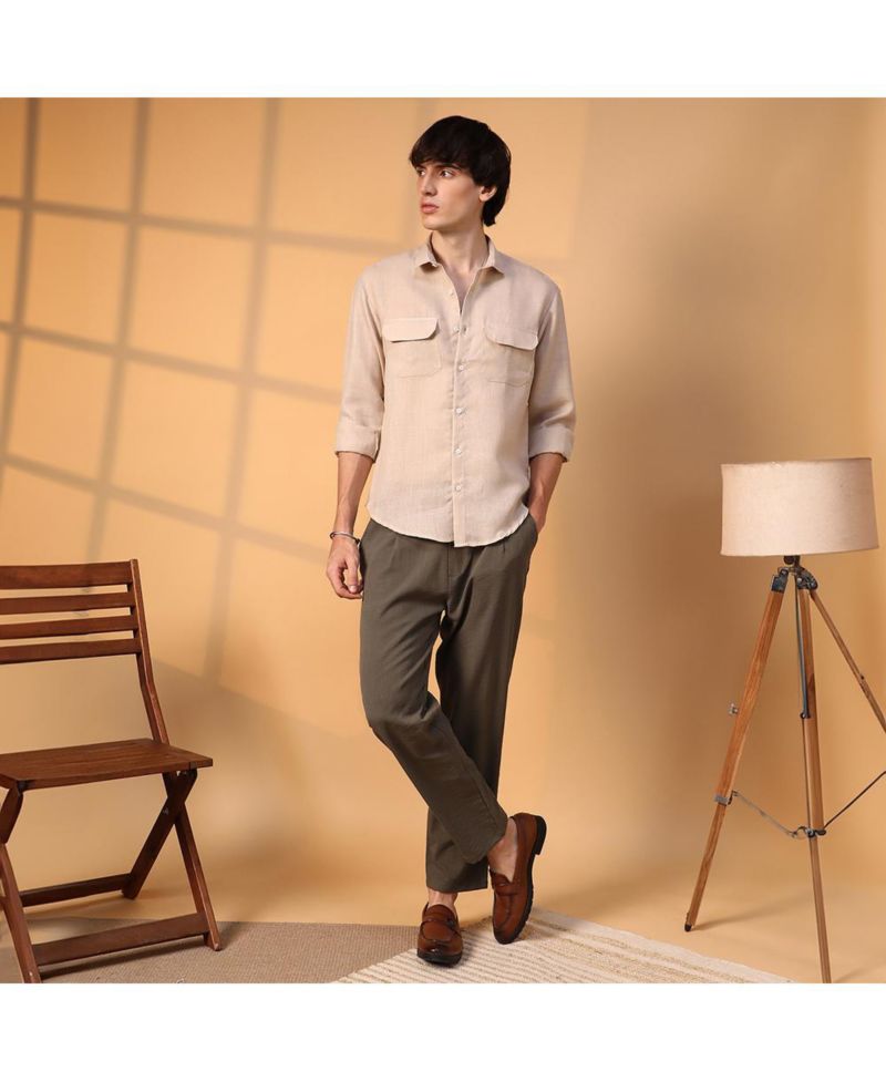 Men's Khaki Beige Solid Utility Shirt