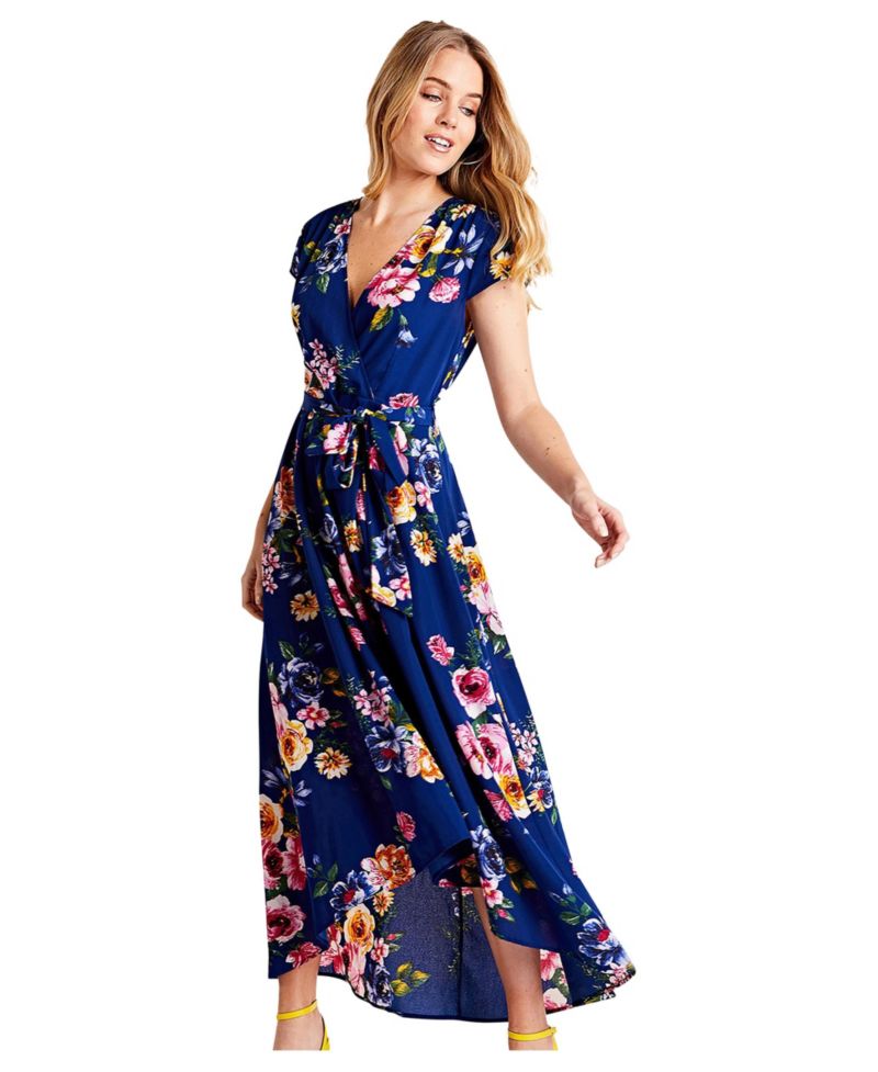 Women's Floral Print Dipped Hem Wrap Midi Dress