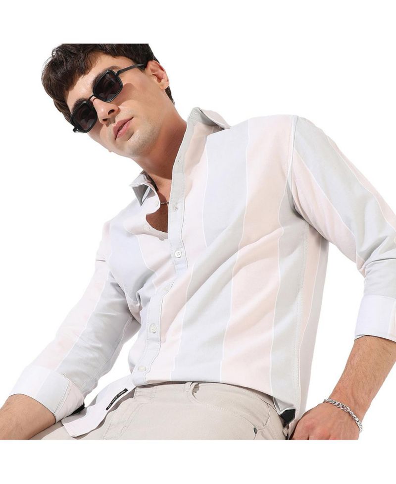 Men's White And Blue Striped Regular Fit Casual Shirt