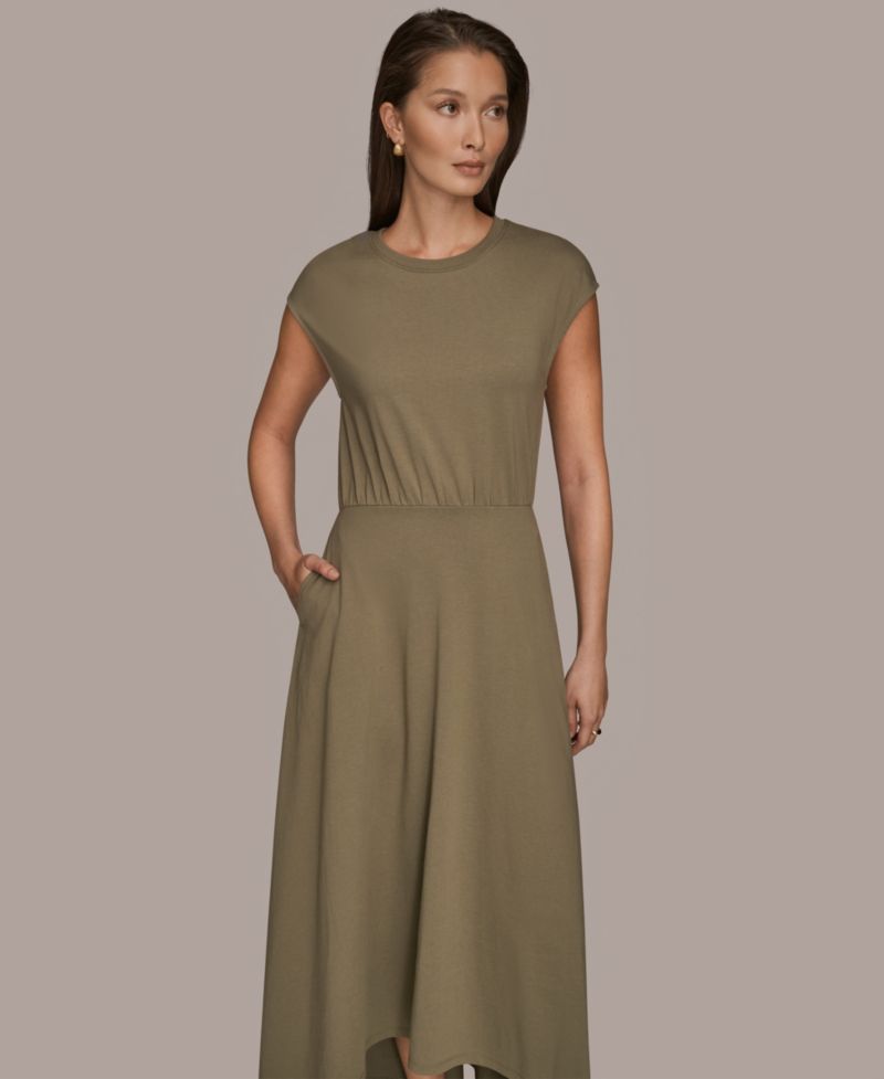 Women's Cotton Jersey Hi Lo Cap Sleeve Crew Neck Dress