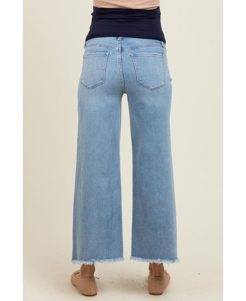 Maternity Blue Fringe Hem Ankle Wide Leg Jeans