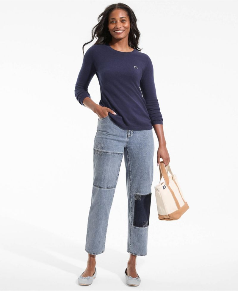 Petite Soft Denim Mid Rise Relaxed Straight Crop Patchwork Jeans