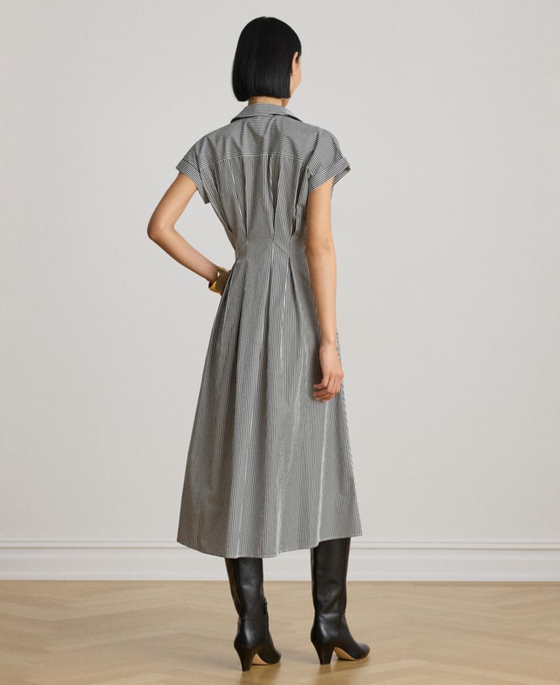 Women's Striped Pleated Broadcloth Shirt Dress