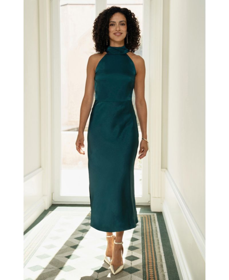 Women's Satin Halter Neck Midi Dress