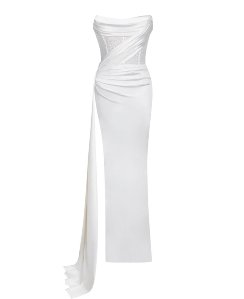 Women Holly White Crystallized Corset High Slit Satin Gown