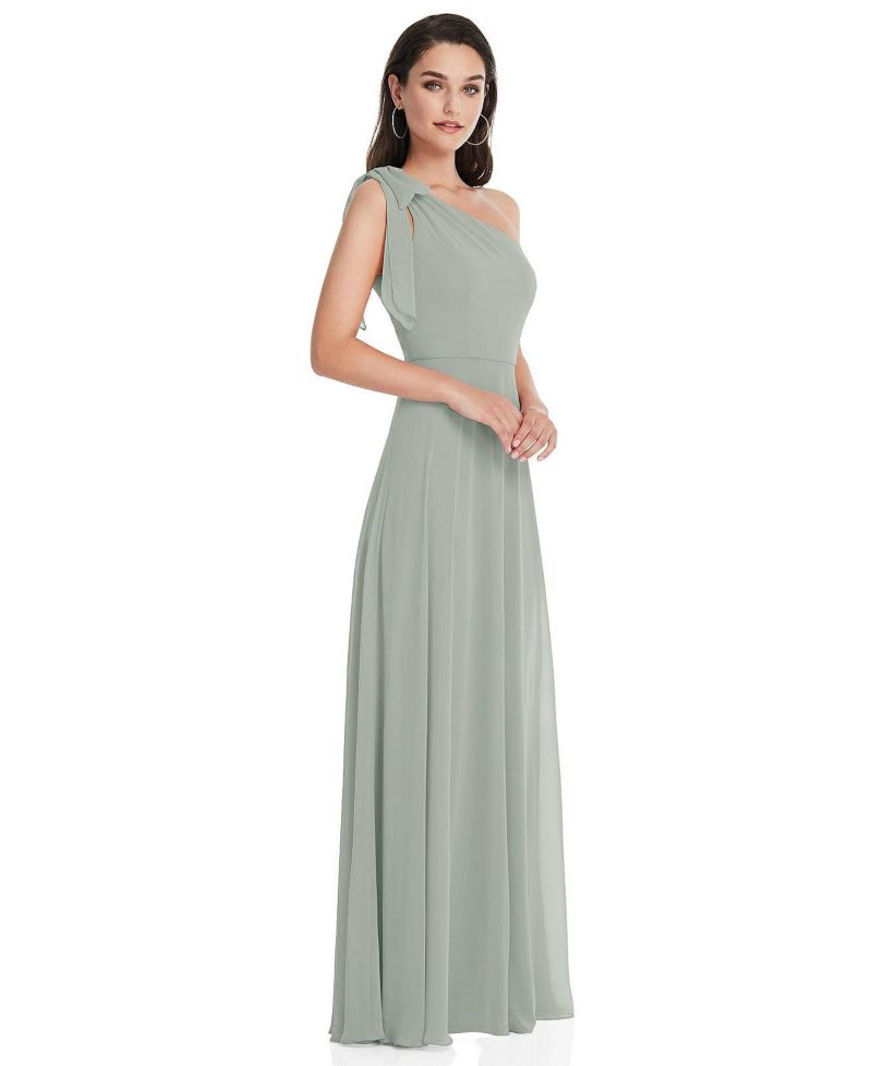 Womens Draped One-Shoulder Maxi Dress with Scarf Bow
