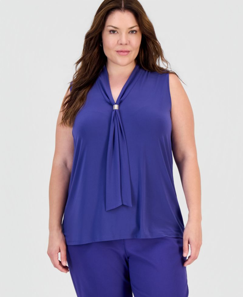Plus Size Scarf-Neck Sleeveless Blouse