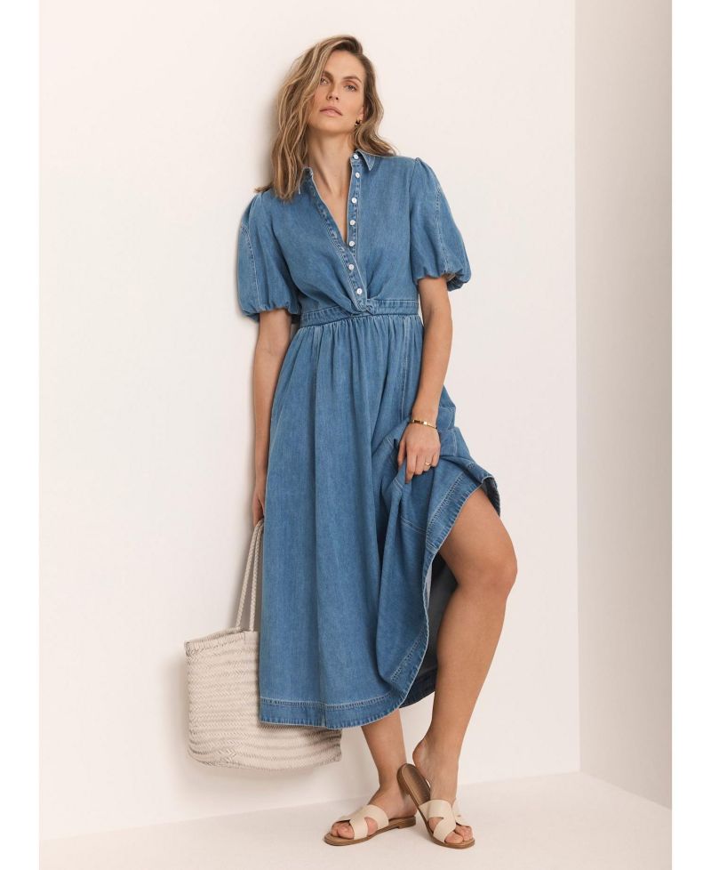 Women's Twist Puff-Shoulder Cotton-Blend Denim Midi Dress