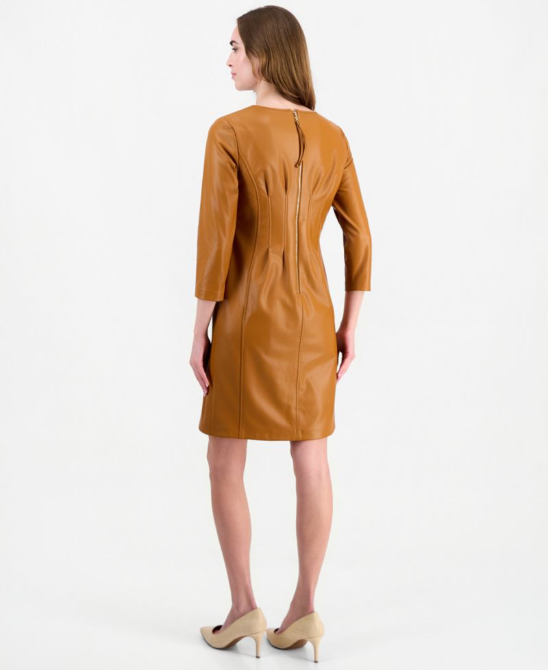 Women's Pleated Waist Sheath Knee-Length 3/4 Sleeve Dress