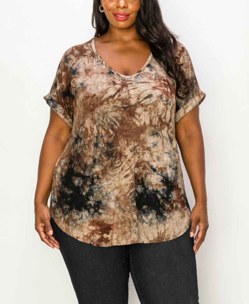 Plus Size Tie Dye V-neck Rolled Short Sleeve Top