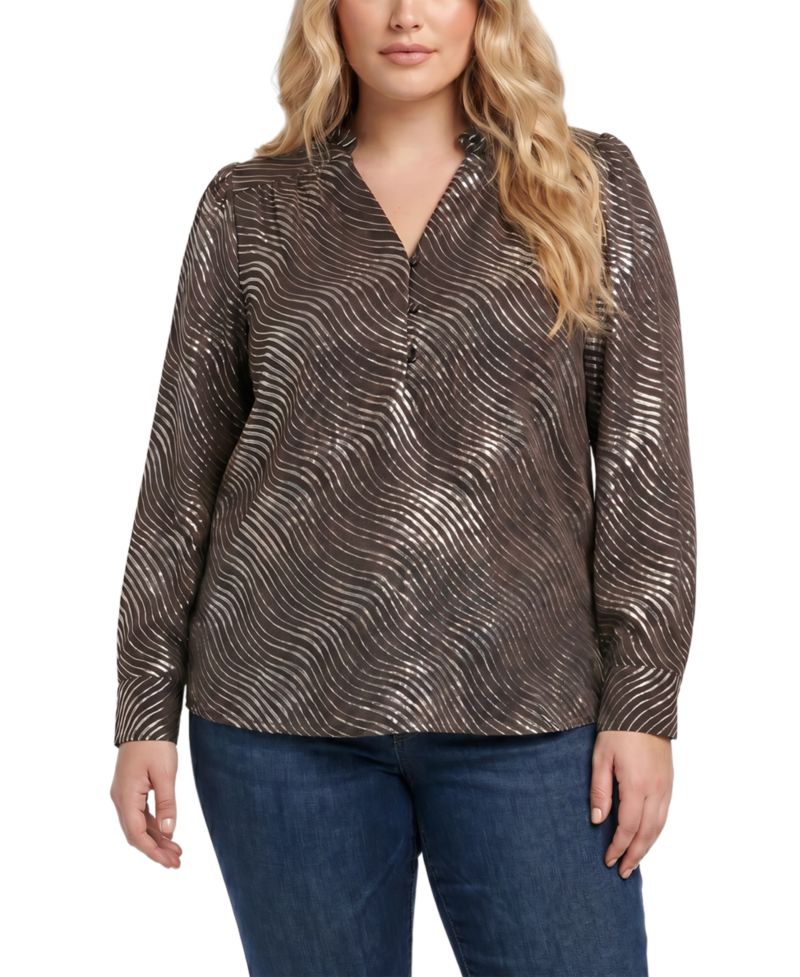 Plus Size Metallic-Print V-Neck Long-Sleeve Blouse