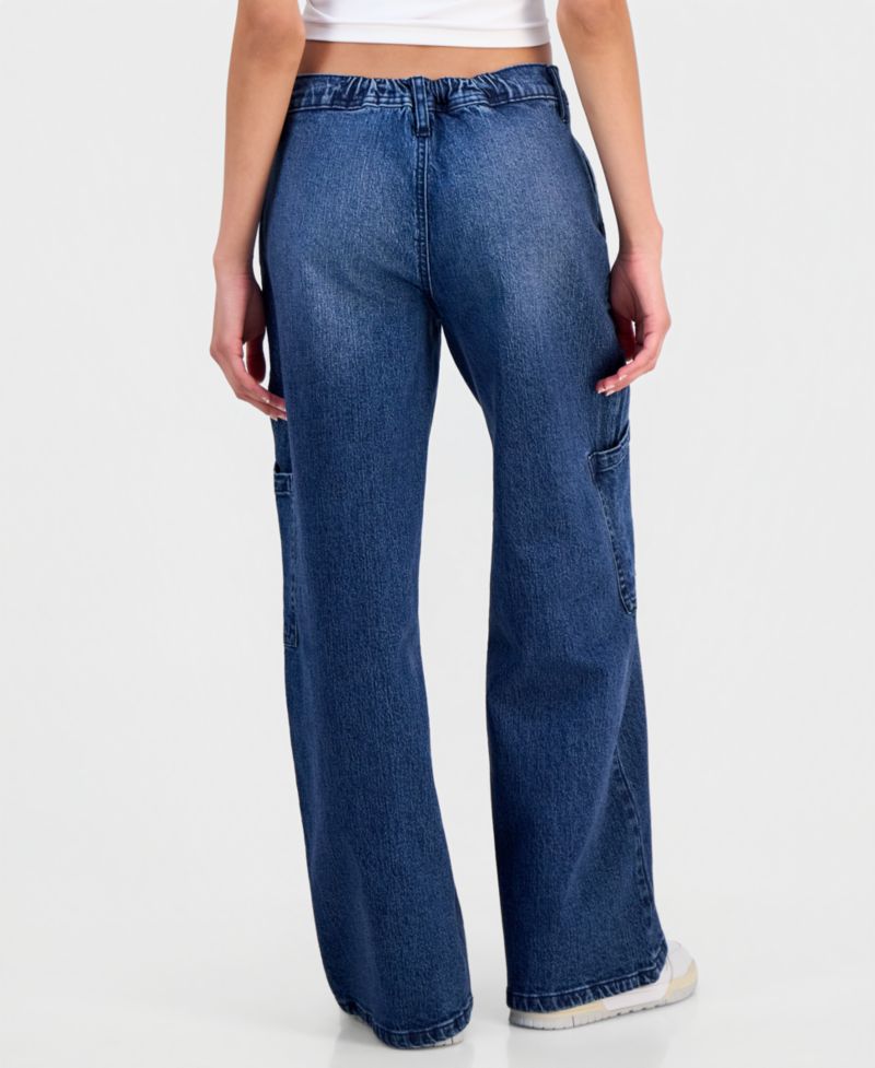 Juniors' Elastic-Back Mid-Rise Wide-Leg Cargo Jeans