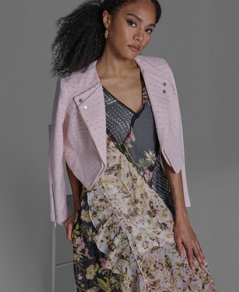 Women's Crewneck Textured Cropped Moto Jacket