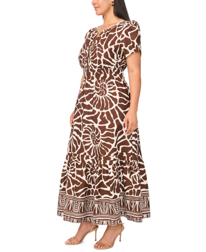 Plus Size Printed Split-Neck Tiered Cotton Maxi Dress