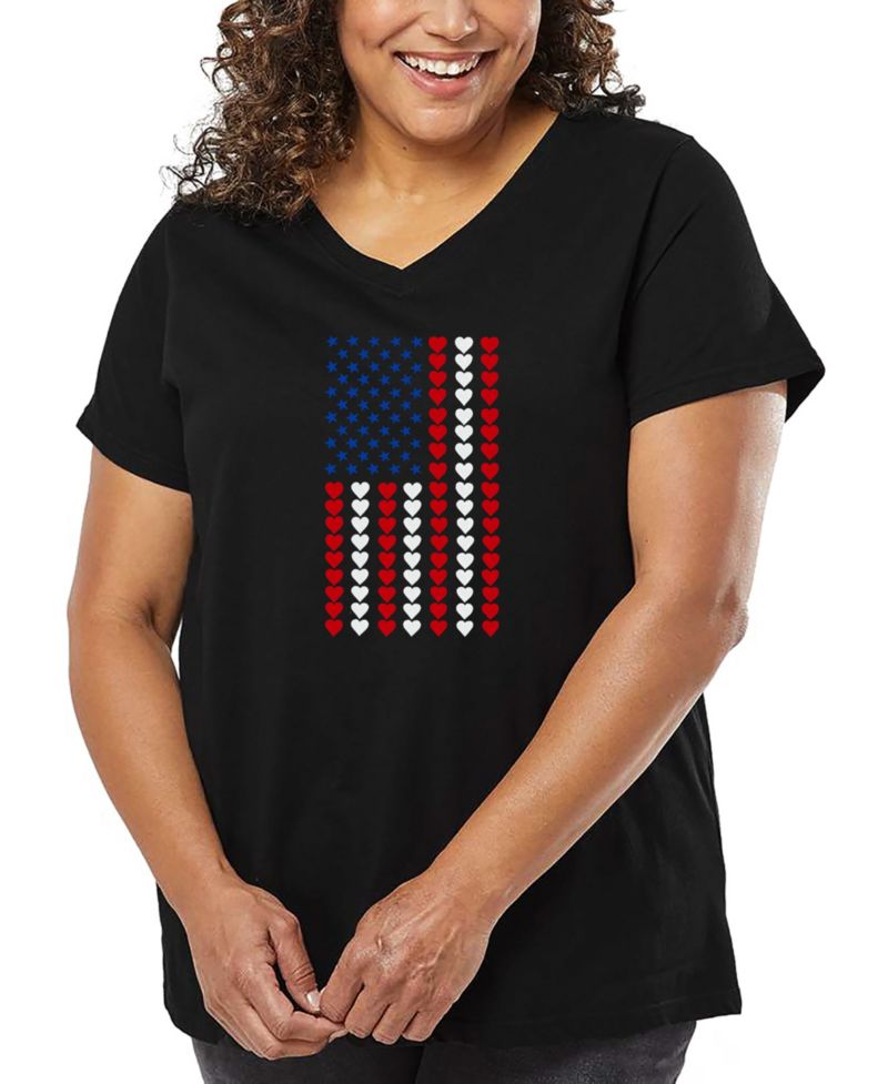 Plus Size Heart Flag Word Art V-Neck T-Shirt