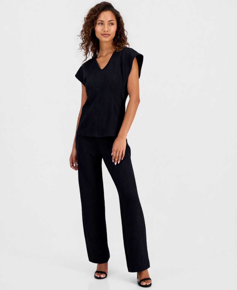 Women's Textured Flutter-Sleeve Top & Pull On Wide-Leg Pants