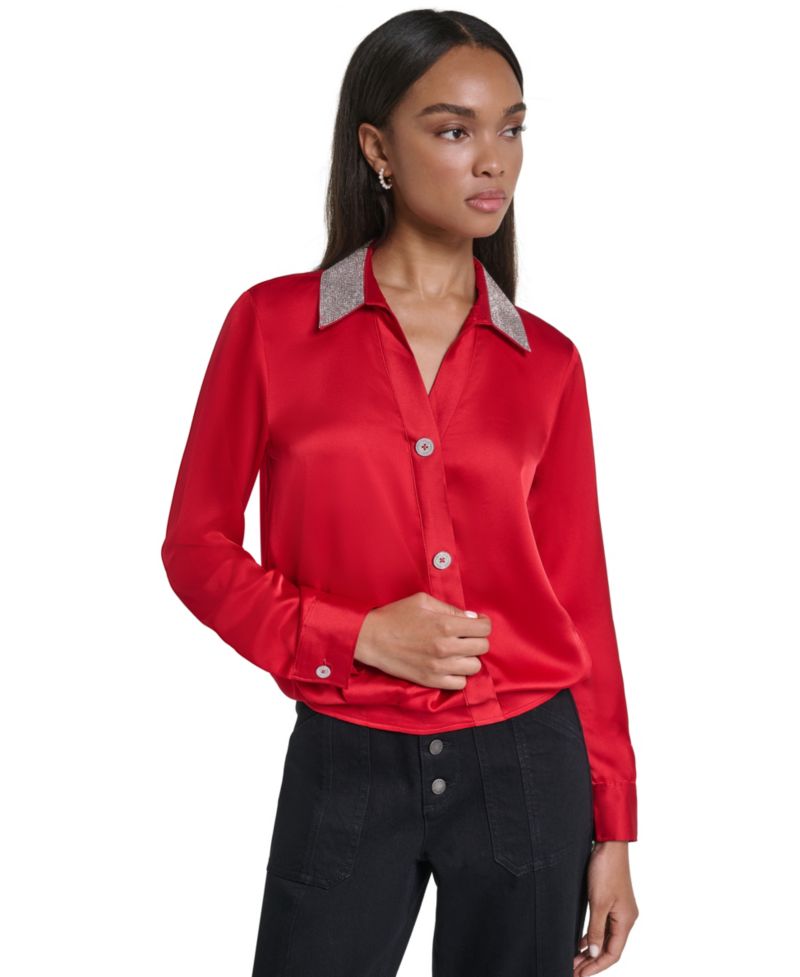 Women's Crystal Collar Satin Blouse