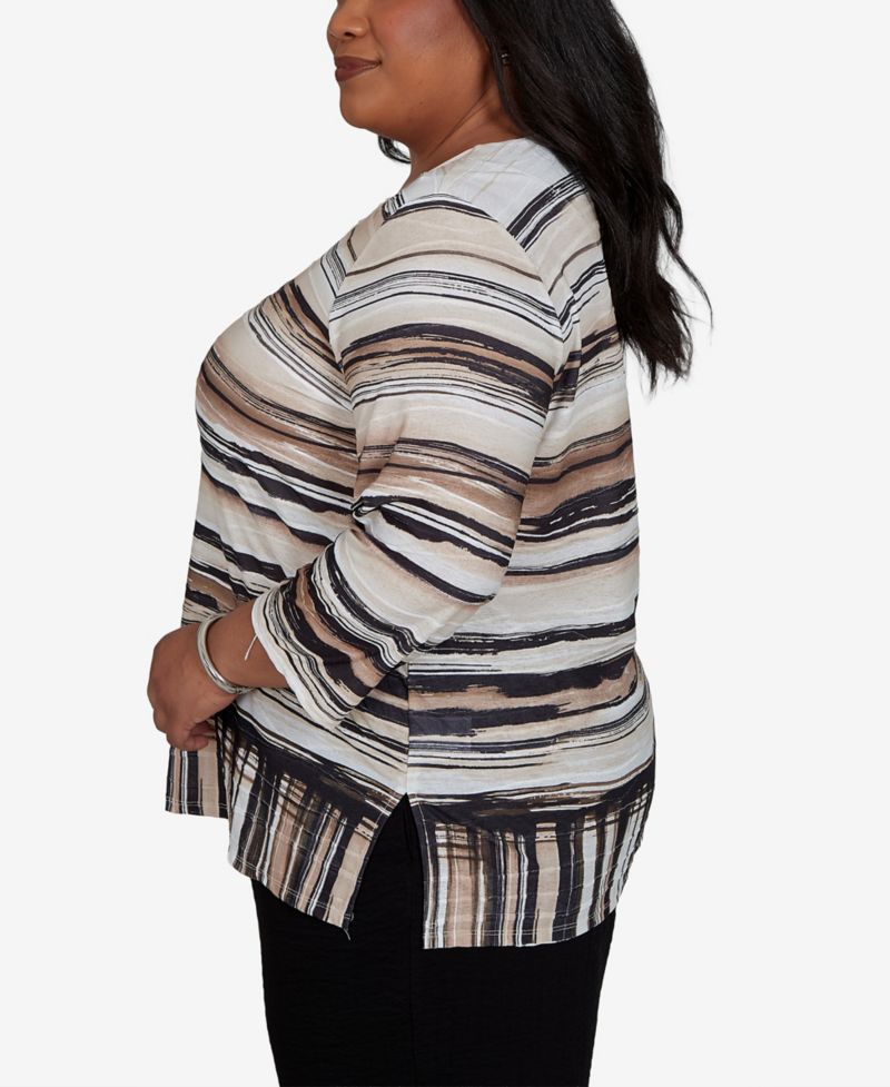 Plus Size Travel Advisory Striped 3/4-Sleeve Knit Top