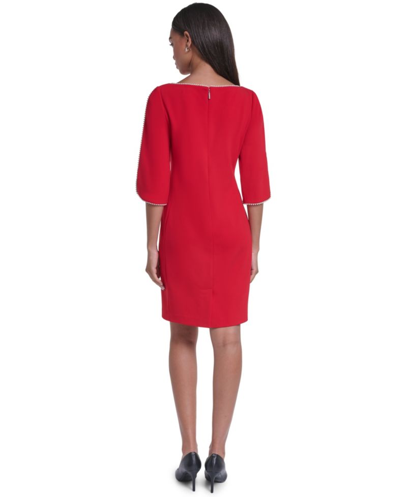 Women's Scuba Crepe Imitation Pearl Framing Boat Neck Dress