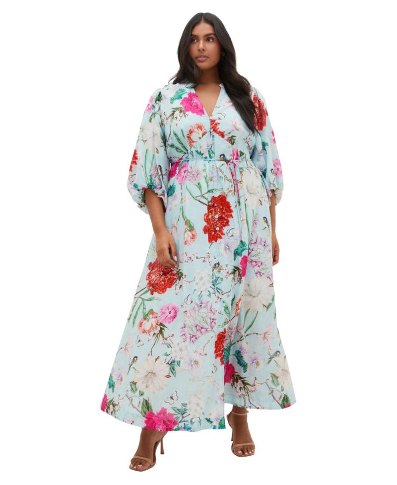 Plus Size Flora Floral-Print V-Neck Balloon-Sleeve Maxi Dress