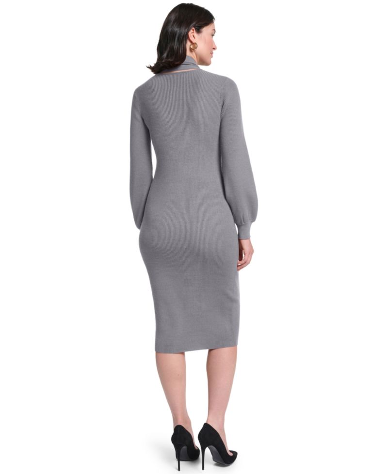Women's Long-Sleeve Midi Attached Scarf Sweater Dress