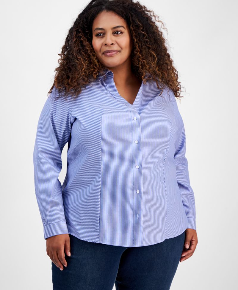 Plus Size Cotton Striped Button-Front Shirt