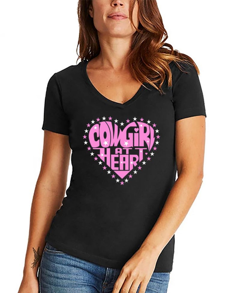 Women's Cowgirl at Heart Word Art V-Neck T-Shirt