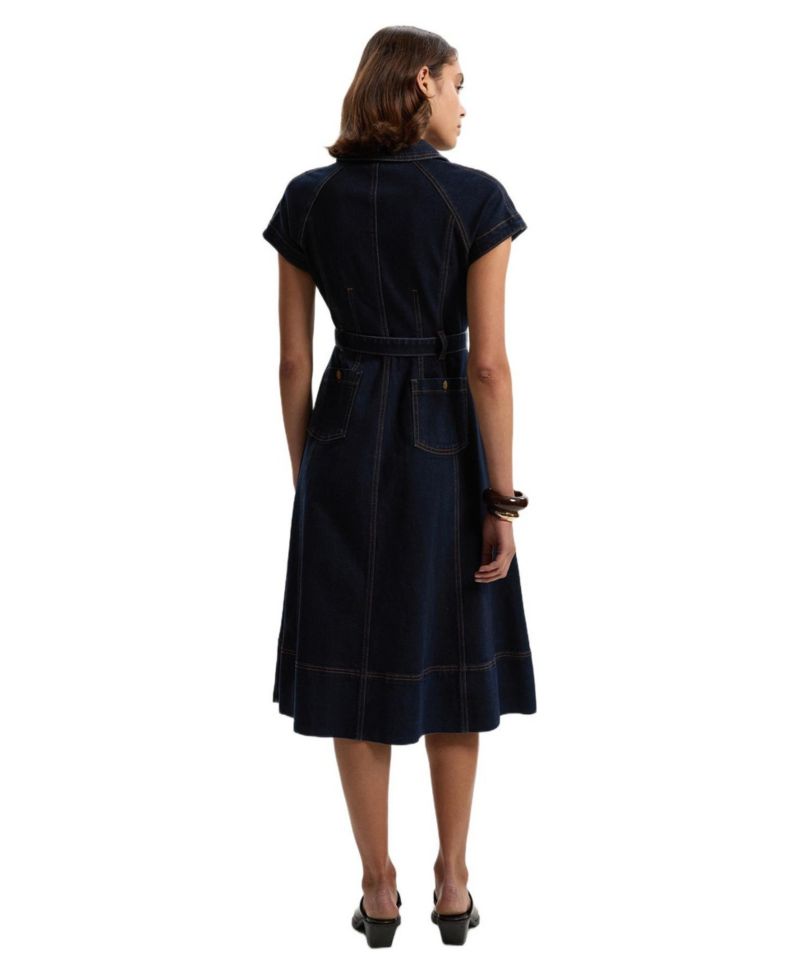Women's Button Up Belted Denim Midi Dress