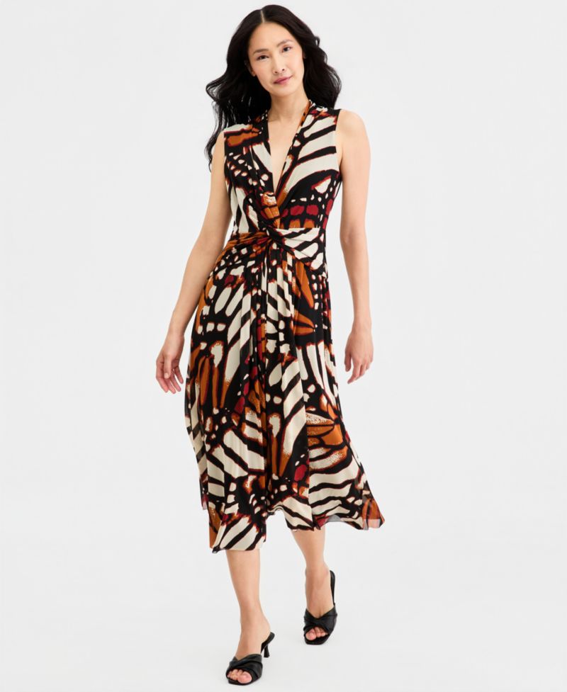 Women's Twist Front Sleeveless Midi Printed Mesh Dress