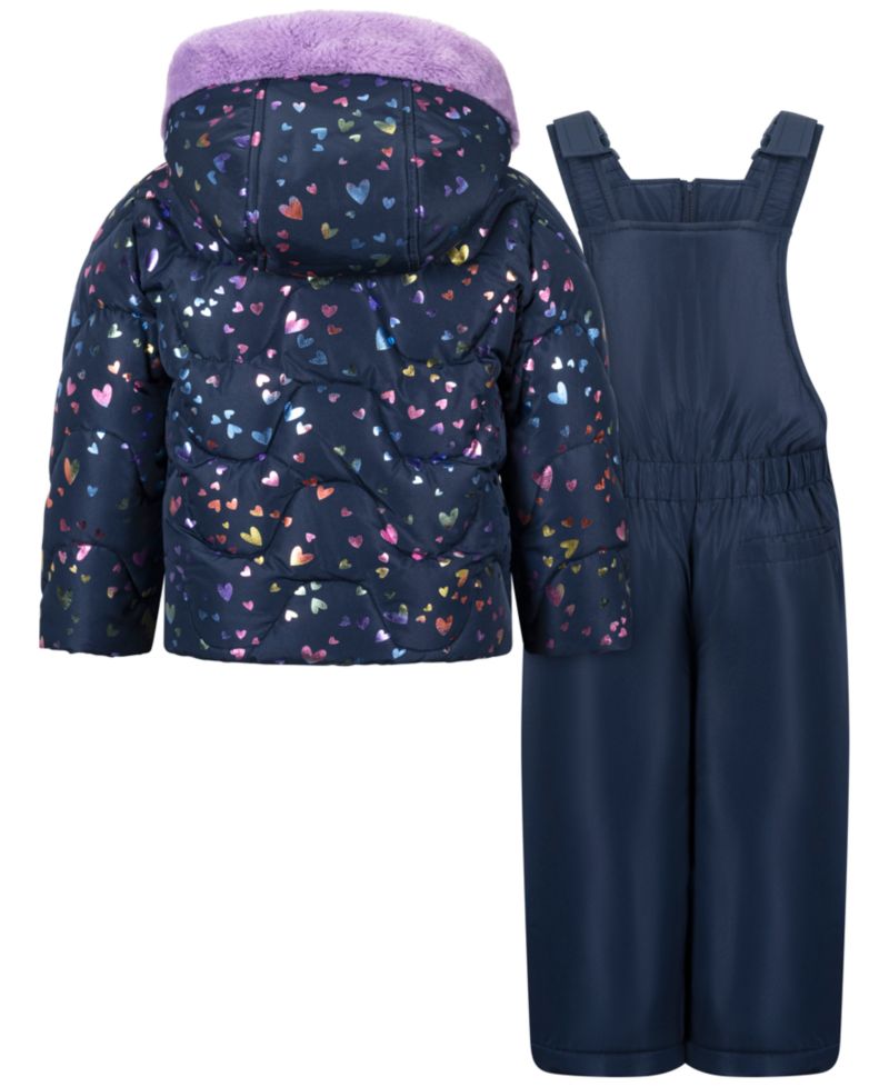 Baby Girls' Foil-Print Fleece-Lined Hooded Jacket and Ski Bib, 2-Piece Set