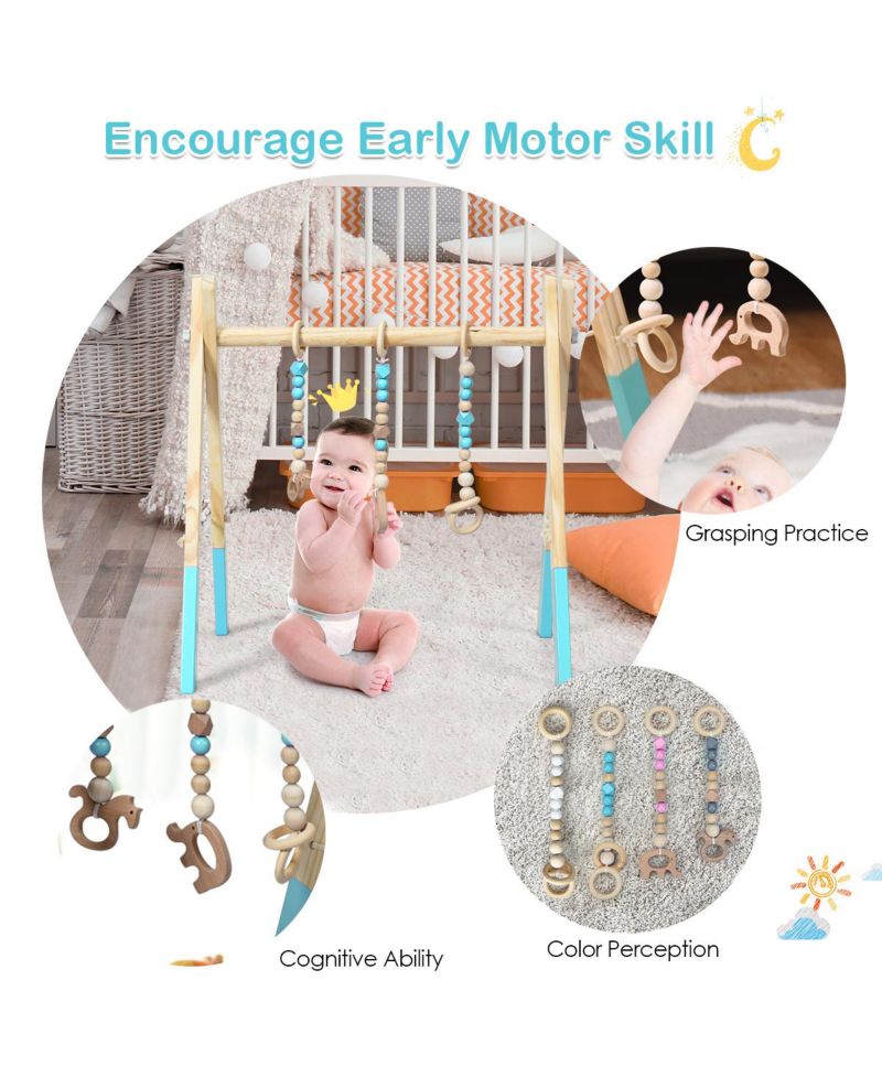 Toddler Wooden Gym with 3 Wooden Teething Toys Hanging Bar