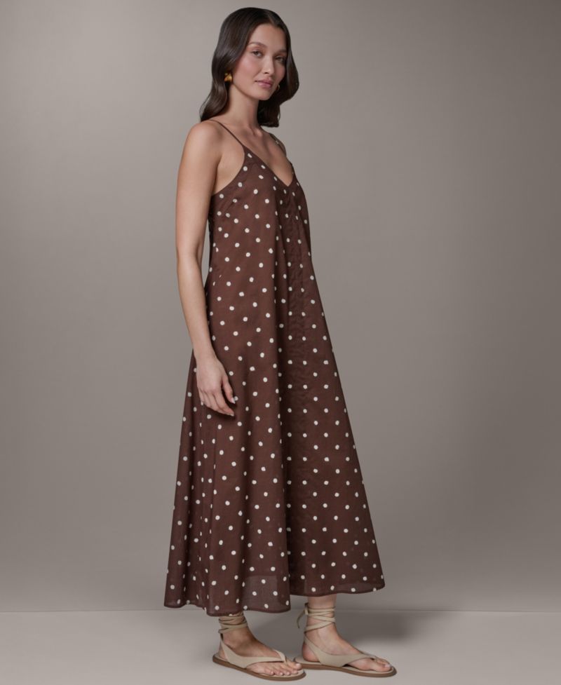 Women's Cotton Voile Dot Print Elastic Back V-Neck Spaghetti Strap Maxi Dress