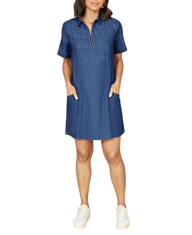 Women's Cotton Chambray Zip Neckline Dress