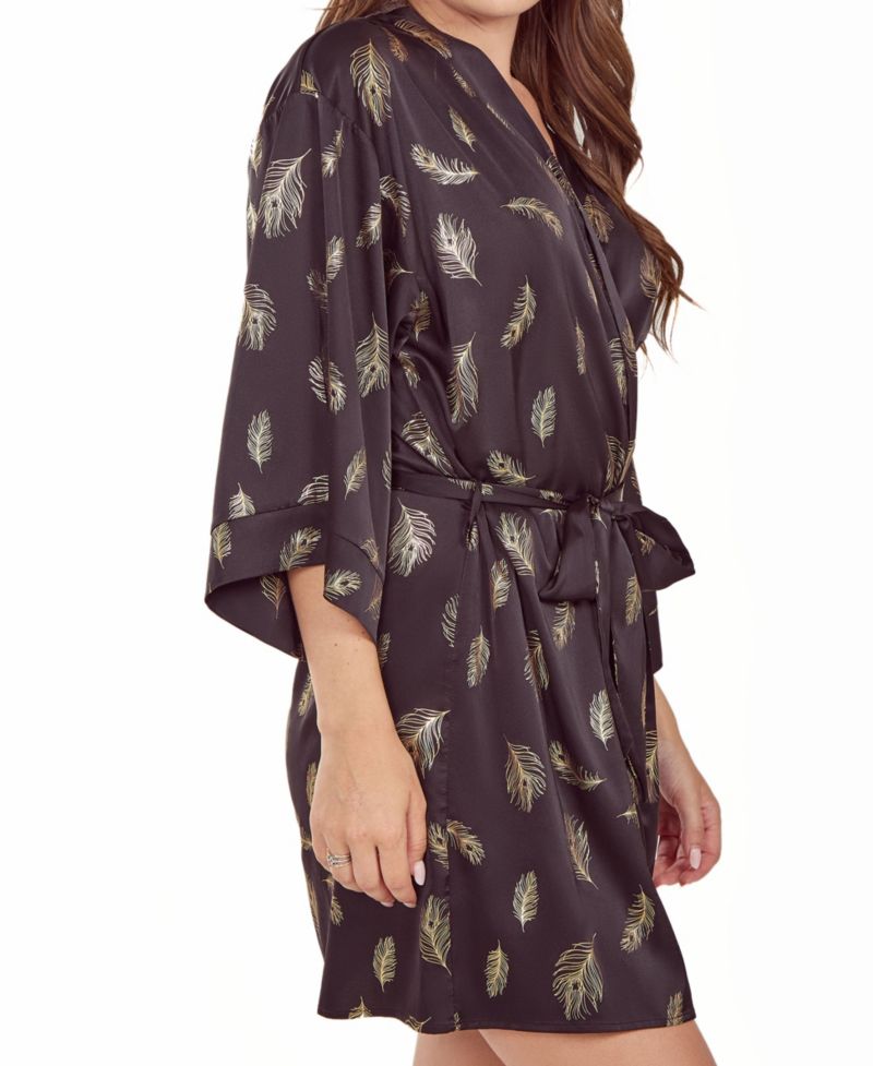 Plus Size Silky Self Tie Robe in Feather Print