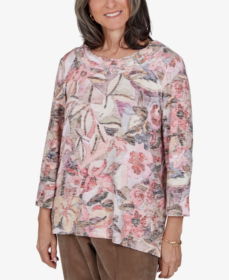 Petite Floral-Print 3/4-Sleeve Side-Slit Blouse