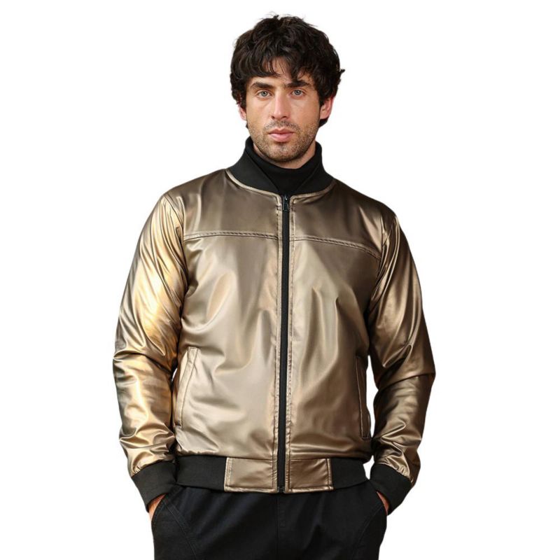 Men's Antique Bronze Patent-Panel Bomber Jacket