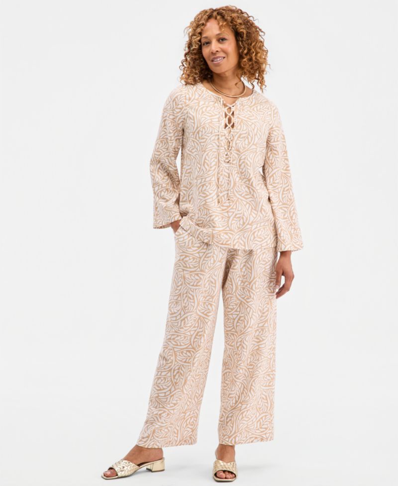 Women's Printed Lace-Up Linen-Blend Top