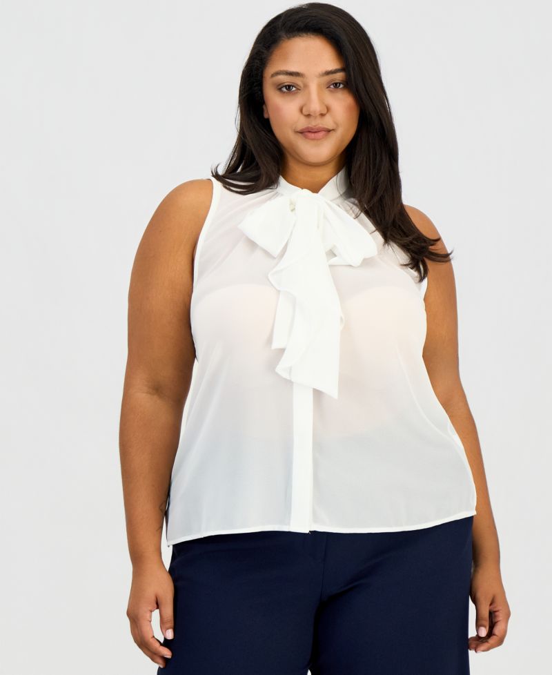 ASL Plus Size Sleeveless Ruffled Bow Blouse