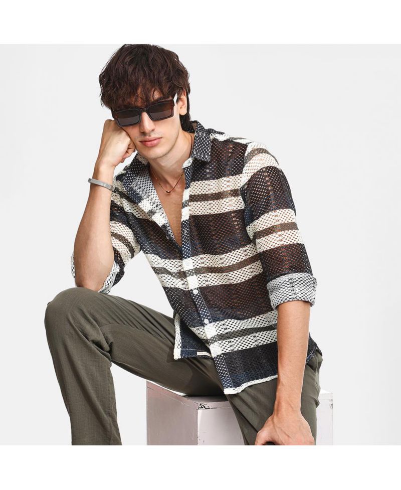 Men's Navy Blue Contrast Panel Knit Shirt