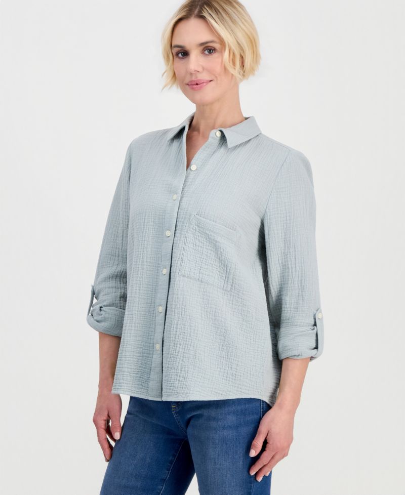 Petite Perfect Button-Front Roll-Tab Cotton Shirt