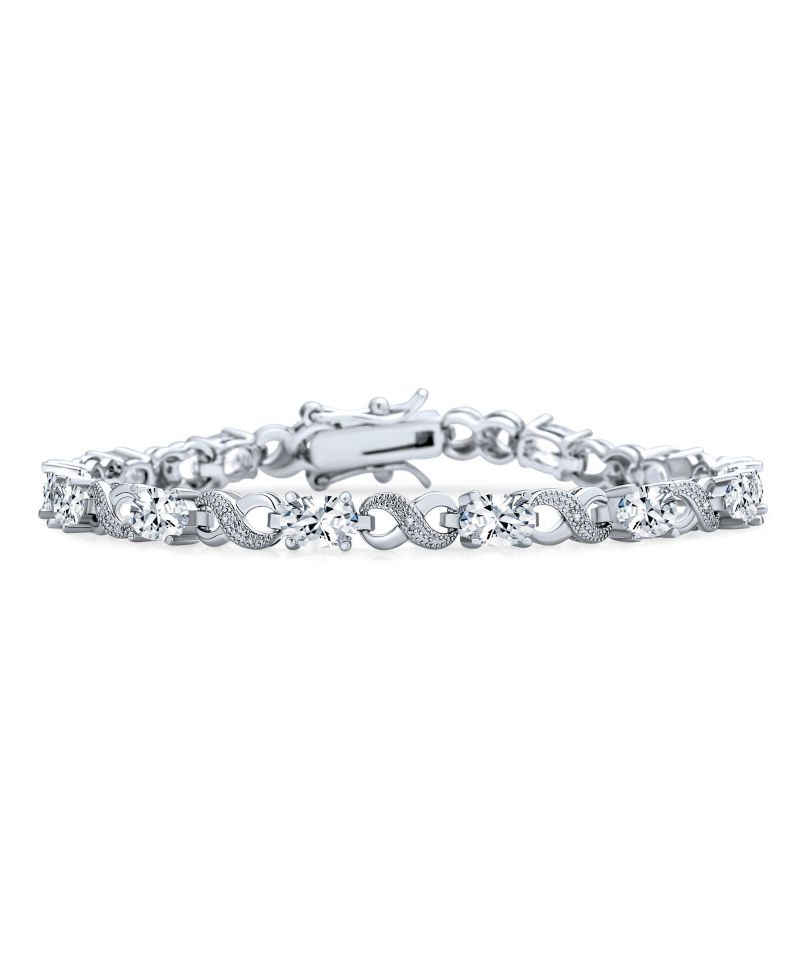 Birthstone Dark Pink Color CZ Oval Infinity Tennis Bracelet Silver Plated