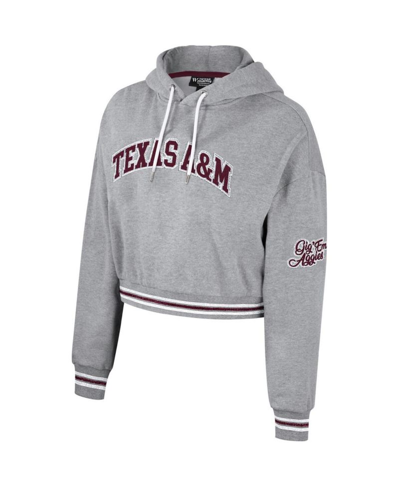 Women's Heather Gray Distressed Texas A&M Aggies Cropped Shimmer Pullover Hoodie