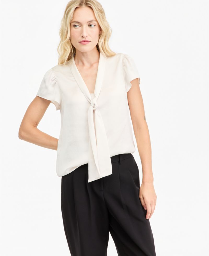 Women's Satin Tie-Neck Flutter-Sleeve Short-Sleeve Blouse